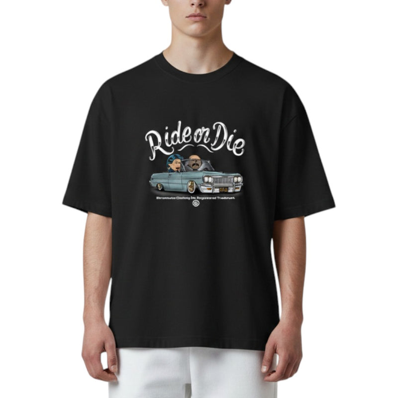 Load image into Gallery viewer, Black t-shirt with 'Ride or Die' graphic and car illustration on a white background
