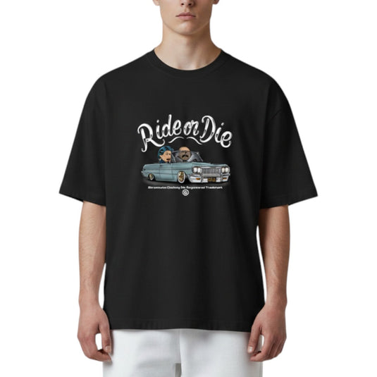 Black t-shirt with 'Ride or Die' graphic and car illustration on a white background