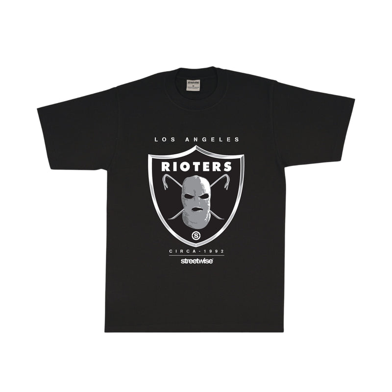 Load image into Gallery viewer, Black t-shirt with a Raiders-inspired Shield grpahic with 'Los Angeles Rioters' printed on the front
