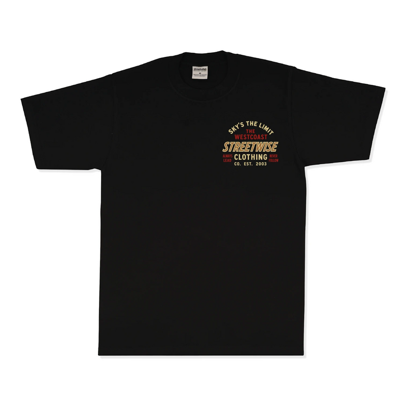 Load image into Gallery viewer, A black short-sleeve t-shirt with a vintage-style graphic on the left chest reading 'SHE'S THE LIMIT WESTCOAST STREETWISE CLOTHING EST. EST.
