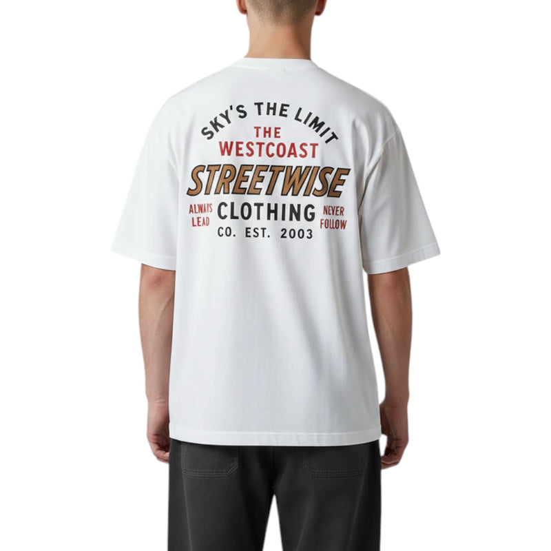 Load image into Gallery viewer, A white short-sleeve t-shirt shown from the back, featuring a graphic print with the words 'SKY'S THE LIMIT', 'THE WESTCOAST', 'STREETWISE', 'ALWAYS LEAD', and 'NEVER FOLLOW' in black and red lettering.
