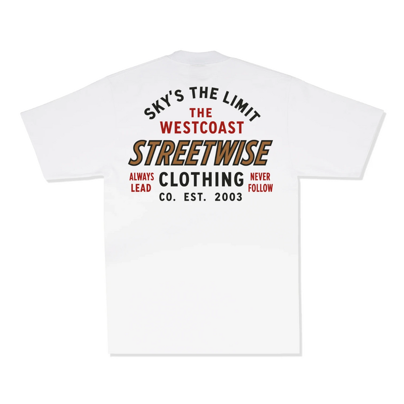 Load image into Gallery viewer, A white short-sleeve t-shirt shown from the back, featuring a graphic print with the words 'SKY'S THE LIMIT', 'THE WESTCOAST', 'STREETWISE', 'ALWAYS LEAD', and 'NEVER FOLLOW' in black and red lettering.
