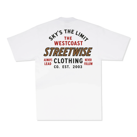 A white short-sleeve t-shirt shown from the back, featuring a graphic print with the words 'SKY'S THE LIMIT', 'THE WESTCOAST', 'STREETWISE', 'ALWAYS LEAD', and 'NEVER FOLLOW' in black and red lettering.