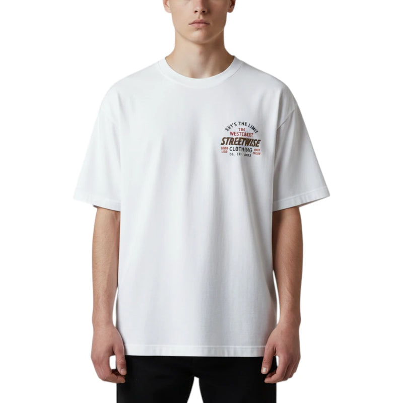 Load image into Gallery viewer, A white short-sleeve crewneck t-shirt with a small graphic print on the left chest. The graphic features the text 'S.
