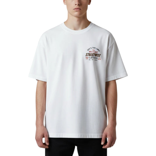 A white short-sleeve crewneck t-shirt with a small graphic print on the left chest. The graphic features the text 'S.