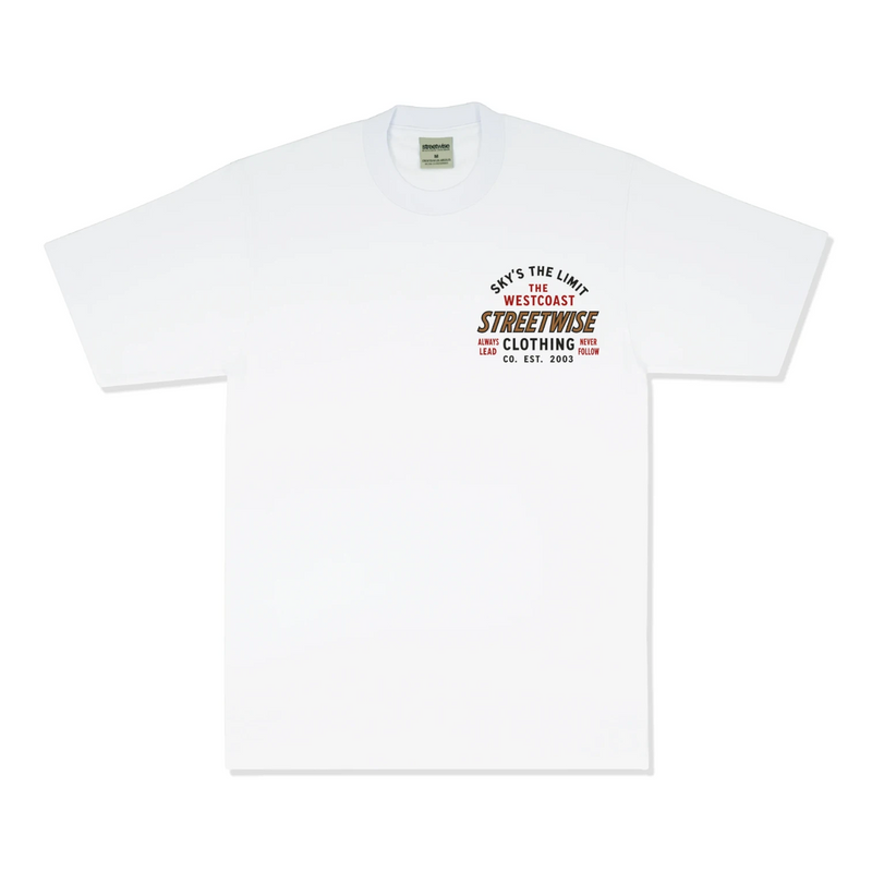 Load image into Gallery viewer, A white short-sleeve crewneck t-shirt with a small graphic print on the left chest. The graphic features the text 'S.
