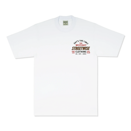 A white short-sleeve crewneck t-shirt with a small graphic print on the left chest. The graphic features the text 'S.