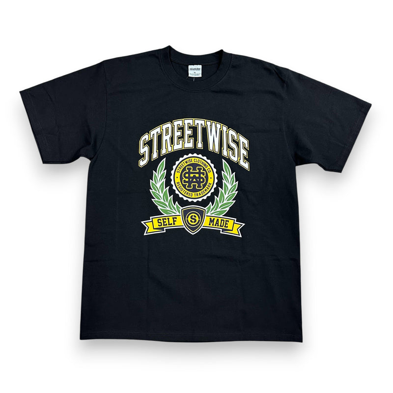 Load image into Gallery viewer, Black t-shirt with a collegiate-style graphic that reads 'Streetwise - Self Made' on a white background. 
