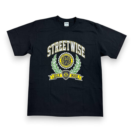 Black t-shirt with a collegiate-style graphic that reads 'Streetwise - Self Made' on a white background. 