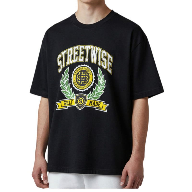 Load image into Gallery viewer, Black t-shirt with 'Streetwise' logo and text on a white background
