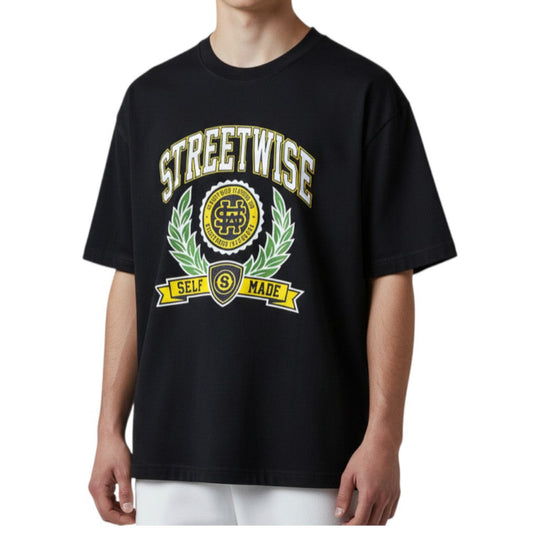 Black t-shirt with 'Streetwise' logo and text on a white background