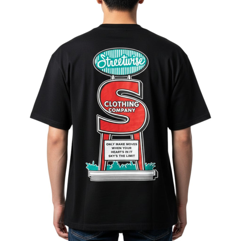 Load image into Gallery viewer, Black t-shirt with Streetwise Clothing Company graphic on the back
