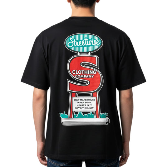Black t-shirt with Streetwise Clothing Company graphic on the back