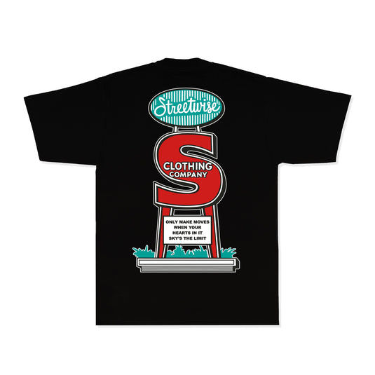 Black t-shirt with a colorful graphic design on a white background