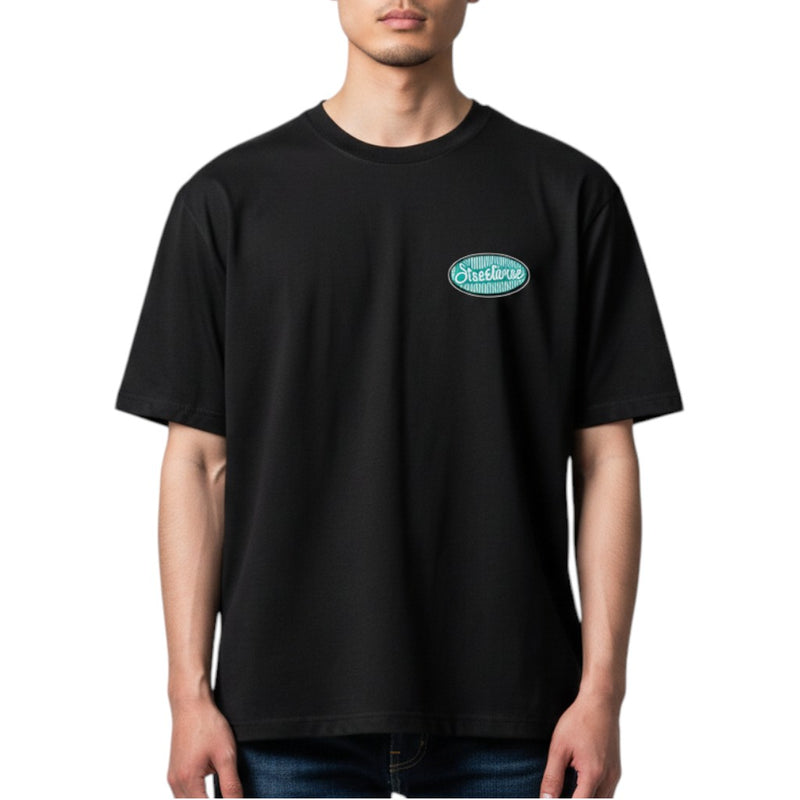 Load image into Gallery viewer, Person wearing a black t-shirt with a logo on a white background
