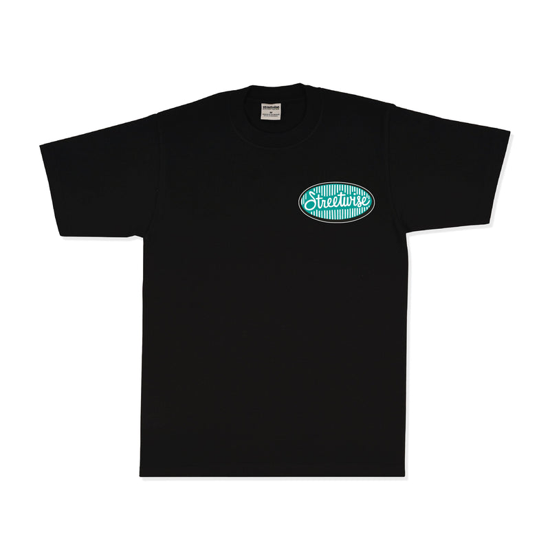 Load image into Gallery viewer, Black t-shirt with a green logo on a white background
