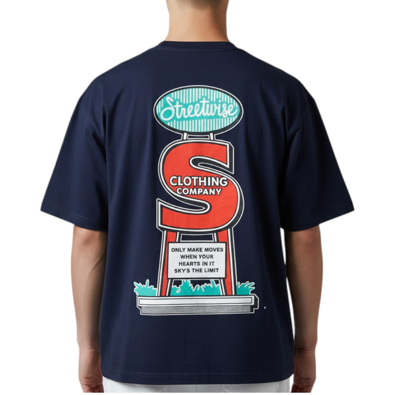 Load image into Gallery viewer, Navy blue t-shirt with a graphic design on the back, featuring text and a logo.
