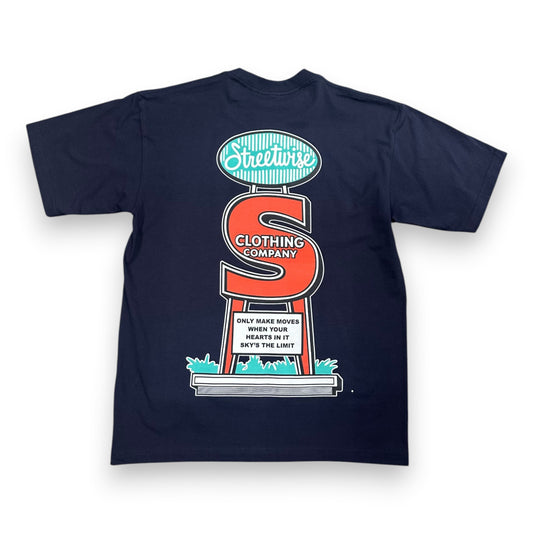 Navy blue t-shirt with a colorful graphic design on a white background