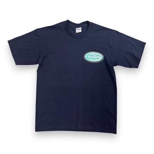 Navy blue t-shirt with a logo on a white background