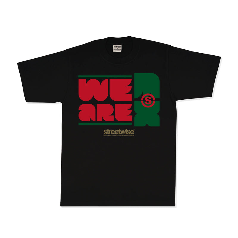 Load image into Gallery viewer, Black t-shirt with 'WE ARE' graphic design on a white background
