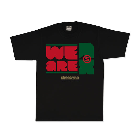 Black t-shirt with 'WE ARE' graphic design on a white background