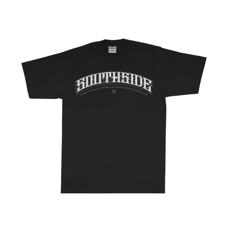 Load image into Gallery viewer, A black short-sleeve t-shirt with a white arched graphic reading 'SOUTHSIDE' and smaller text underneath, displayed flat against a plain white background.
