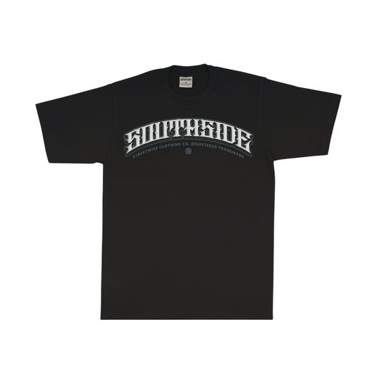 A black short-sleeve t-shirt with a white arched graphic reading 'SOUTHSIDE' and smaller text underneath, displayed flat against a plain white background.