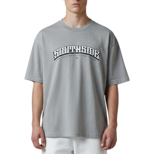 Person wearing a gray t-shirt with 'Southside' logo on a white background