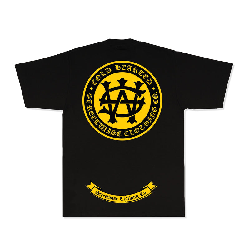 Load image into Gallery viewer, Black t-shirt with yellow logo and text on a white background
