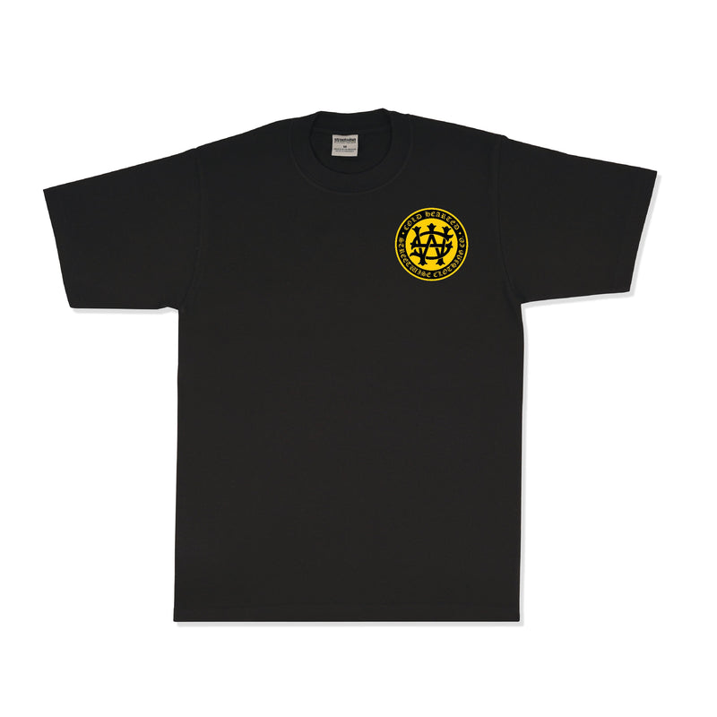 Load image into Gallery viewer, Black t-shirt with a yellow logo on a white background
