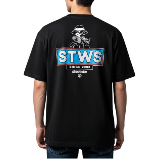 Black t-shirt with 'STWS' logo on the back, worn by a person
