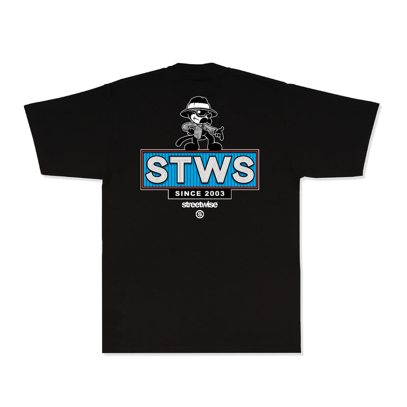 Load image into Gallery viewer, Black t-shirt with 'STWS' logo and text on a white background
