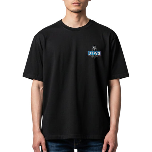 Person wearing a black t-shirt with a logo on a white background