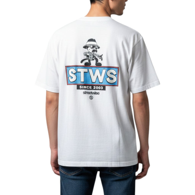 Load image into Gallery viewer, White t-shirt with 'STWS' logo on the back, worn by a person
