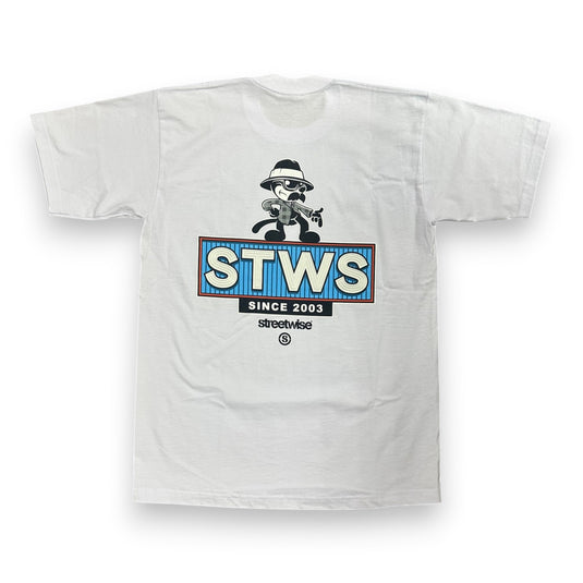 White t-shirt with a graphic design featuring text and a logo on a white background
