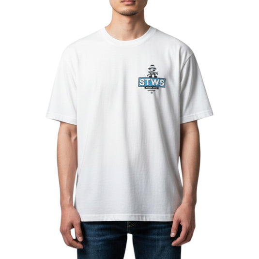 Person wearing a white t-shirt with a logo on a white background