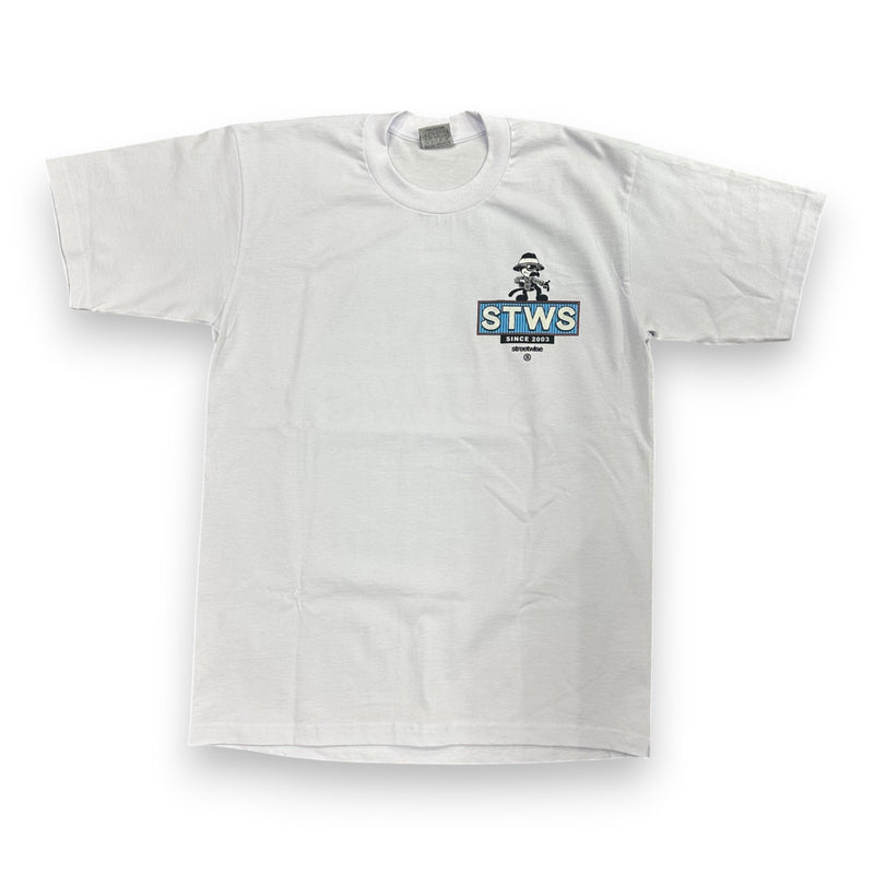 Load image into Gallery viewer, White t-shirt with a logo and text on a white background
