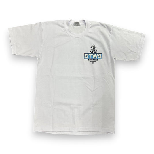 White t-shirt with a logo and text on a white background