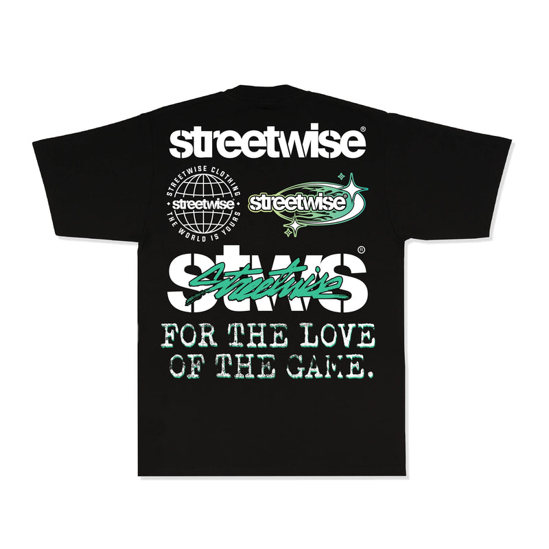 Load image into Gallery viewer, A black short-sleeve t-shirt with a large white and green graphic print on the front. The graphic features the 'streetwise' brand name, a globe logo, a jet plane, the stylized 'stws' logo, and the slogan 'FOR THE LOVE OF THE GAME.
