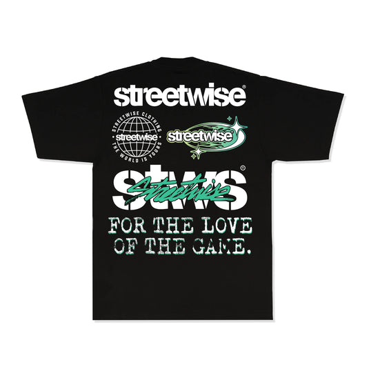 A black short-sleeve t-shirt with a large white and green graphic print on the front. The graphic features the 'streetwise' brand name, a globe logo, a jet plane, the stylized 'stws' logo, and the slogan 'FOR THE LOVE OF THE GAME.