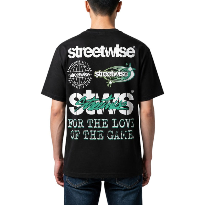 Load image into Gallery viewer, A man viewed from behind wearing a black Streetwise t-shirt with a large white and green graphic print on the back, paired with blue jeans against a white background.
