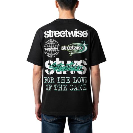 A man viewed from behind wearing a black Streetwise t-shirt with a large white and green graphic print on the back, paired with blue jeans against a white background.