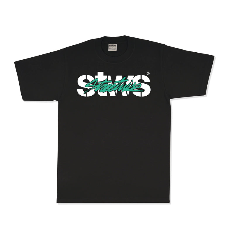 Load image into Gallery viewer, A black short-sleeve t-shirt with a graphic on the chest featuring the word 'STWS' in white with a black outline, overlaid with a teal script logo that reads 'Streetwise'.

