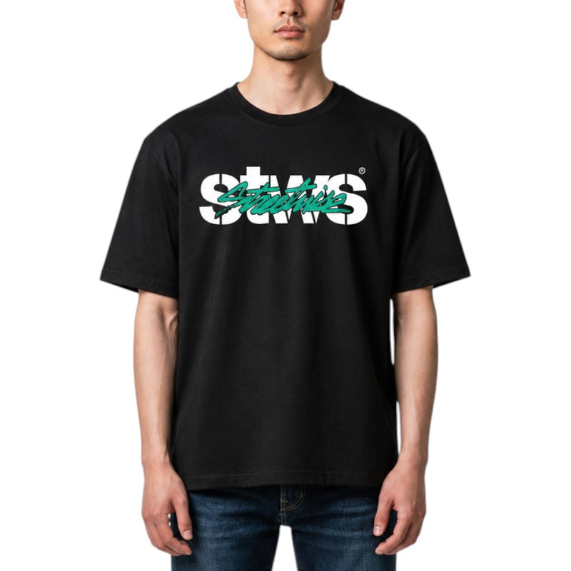 Load image into Gallery viewer, A man wearing a black short-sleeve t-shirt with a large white and teal 'STWS' graphic across the chest, paired with blue jeans, against a plain white background.
