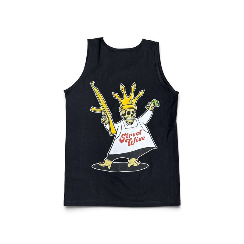 Load image into Gallery viewer, A black sleeveless tank top featuring a graphic of a crowned skeleton holding a gold weapon and money bag, with the text 'Street Wise' in red script on the front, displayed against a plain white background.
