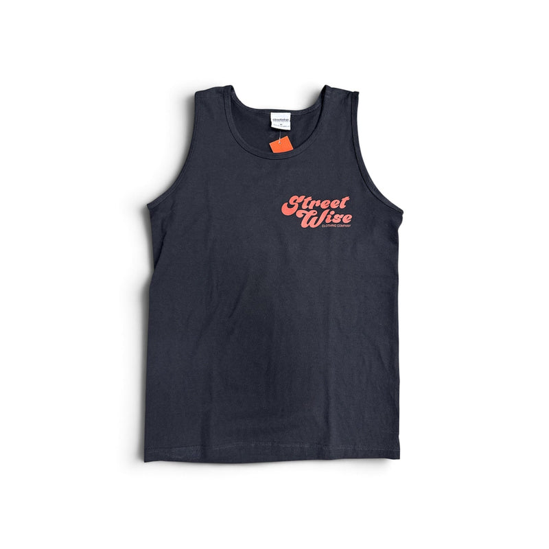 Load image into Gallery viewer, A blank tank top with a red cursive 'Street Wise' graphic on the left chest, displayed flat against a white background.
