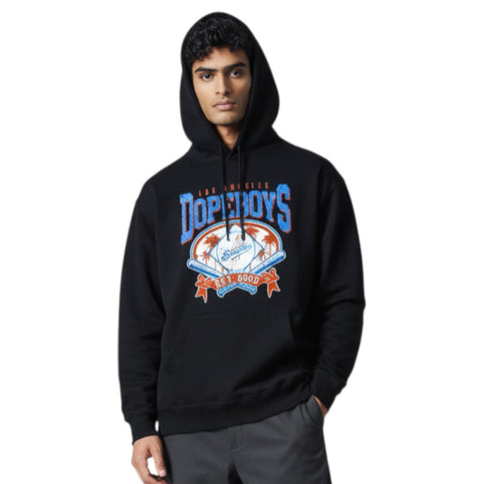 Person wearing a black hoodie with 'Dope Boys' graphic design on a white background
