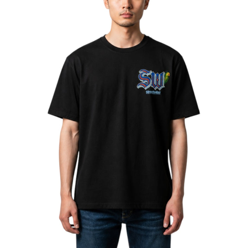 Load image into Gallery viewer, A man wearing a black short-sleeve t-shirt with a colorful 'SW' gothic-style graphic on the left chest, paired with blue jeans, against a plain white background.
