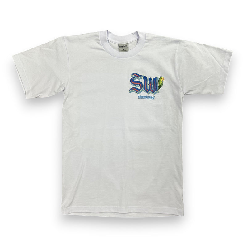 Load image into Gallery viewer, A white short-sleeve crewneck t-shirt featuring a stylized 'SW' graphic on the left chest in blue, purple, and yellow, with 'streetwise' printed below it.
