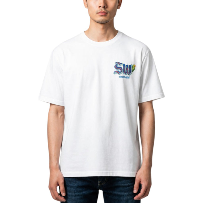 Load image into Gallery viewer, A man wearing a white crew-neck t-shirt with a blue and yellow 'SW' graphic on the left chest, paired with dark blue jeans, against a plain white background.
